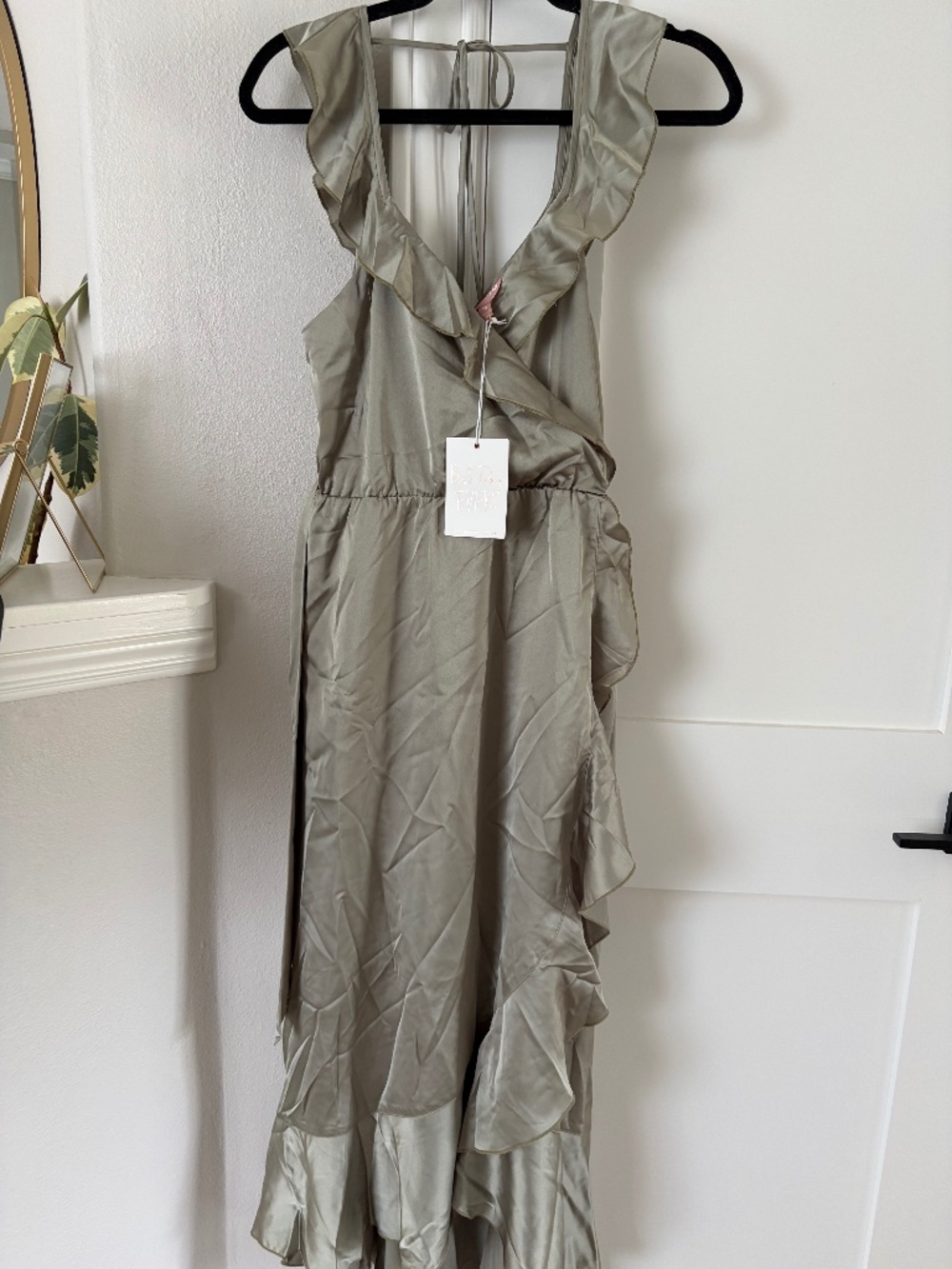 NEVER WORN Show Me Your Mumu Samantha Ruffle Wrap Dress ~ Moss Green Luxe Satin